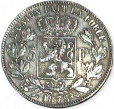 België 5 fr zilveren munt 1875 België 5 fr zilveren munt 1875