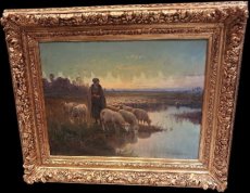 Herderin met haar kudde schapen Henri Derians Herderin met haar kudde schapen Henri Derians olieverf op doek gesigneerd: H. Derians in goede staat met zware vergulde lijst formaat doek: 65 cm op 5