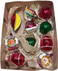 set van 10 oude glazen kerstballen